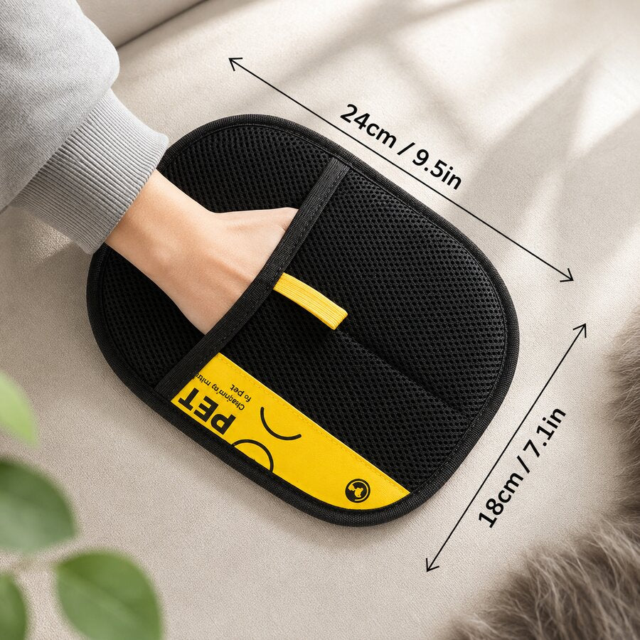 FurSwipe glove on a hand showing product dimensions, 24 by 18 centimetres