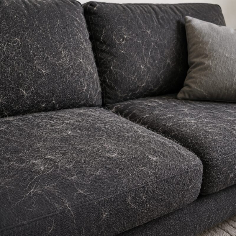 Sofa cushions covered in embedded pet hair before using FurSwipe